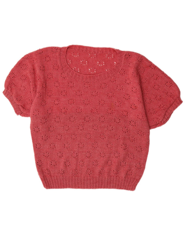 Sweter damski VINTAGE z krótkim rękawem i okrągłym dekoltem UK 16, duży bordowy