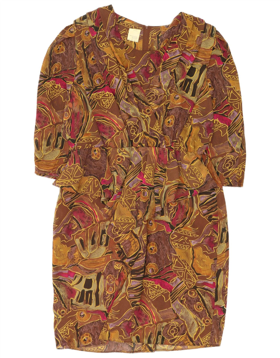 Vintage damska sukienka płaszczowa z abstrakcyjnym wzorem i rękawem 3/4 UK 24 4XL brązowa