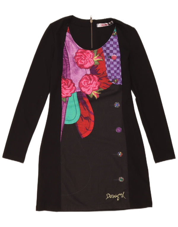 Desigual damska graficzna sukienka płaszczowa z długim rękawem UK 12, średnia czarna w kwiaty