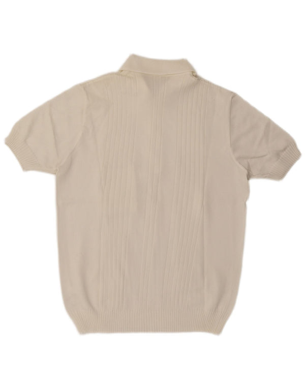 Vintage męski sweter polo z krótkim rękawem i dekoltem w kolorze średniej bieli