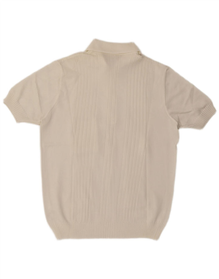 Vintage męski sweter polo z krótkim rękawem i dekoltem w kolorze średniej bieli