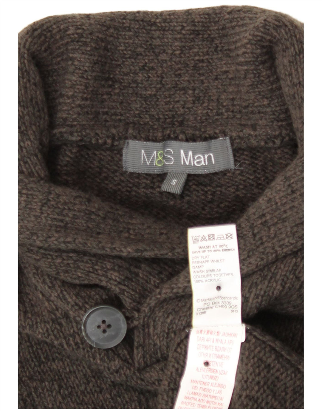 Marks & Spencer Męski sweter z szalowym dekoltem, mały, brązowy, nakrapiany akryl