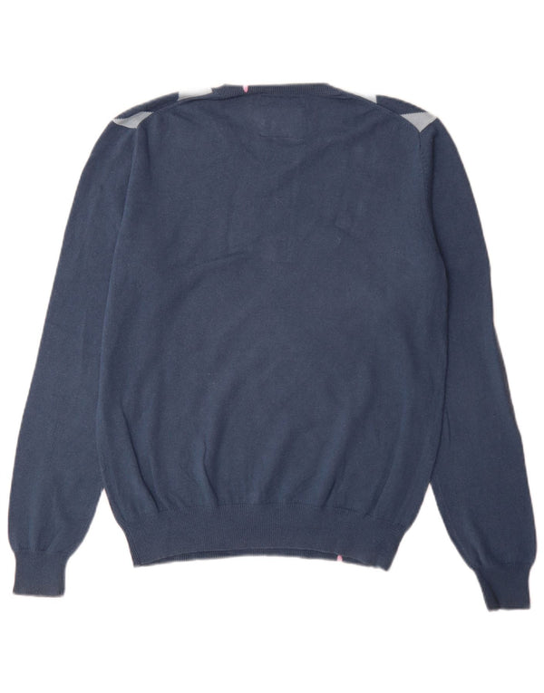 Męski sweter Sun68 z dekoltem w kształcie litery V, średnioniebieski, argyle/diamentowa bawełna