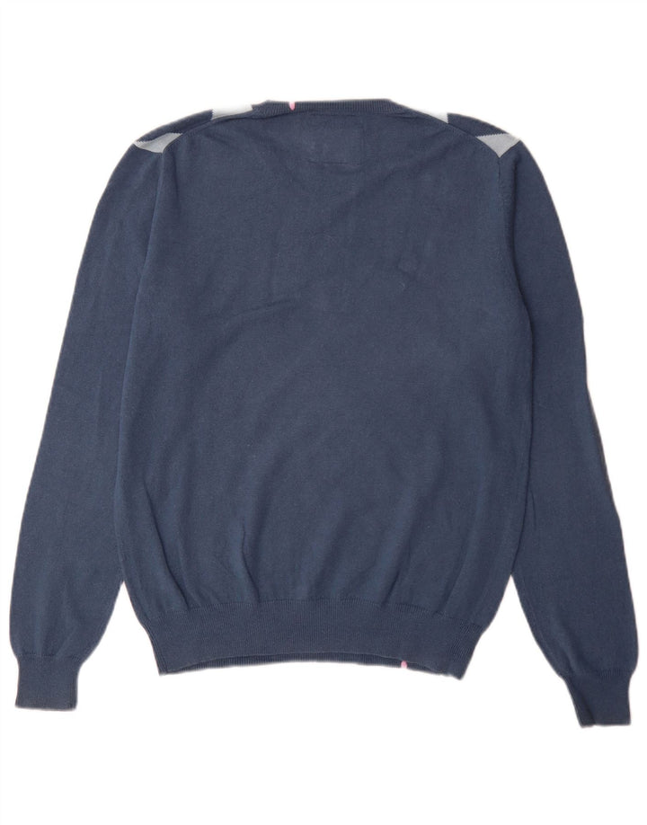 Męski sweter Sun68 z dekoltem w kształcie litery V, średnioniebieski, argyle/diamentowa bawełna