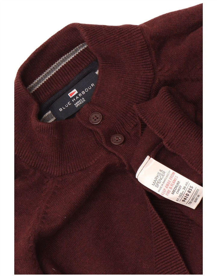 Męski sweter Marks & Spencer w kolorze niebieskim i zapinanym na guziki, średni bordowy