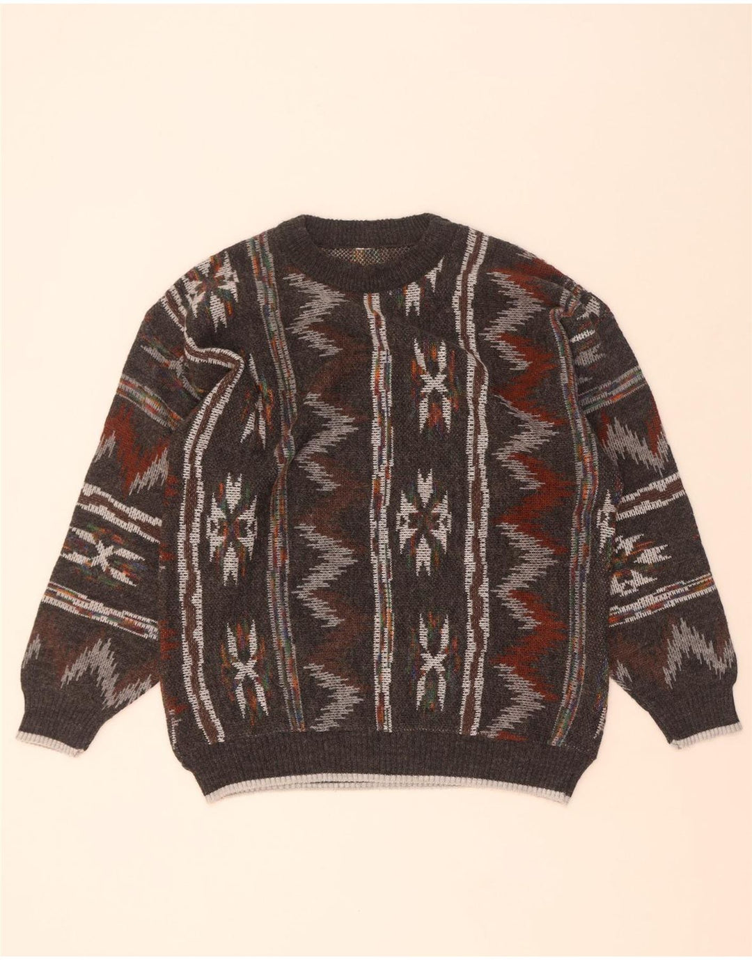 Vintage męski sweter z okrągłym dekoltem, średnio szary, geometryczny