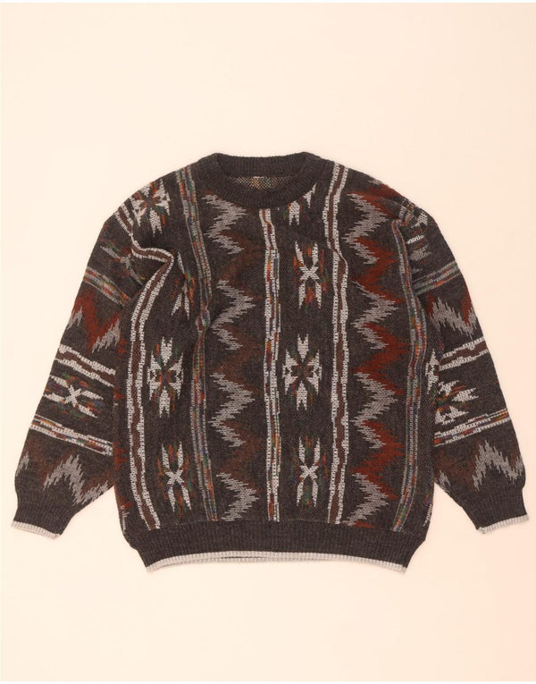 Vintage męski sweter z okrągłym dekoltem, średnio szary, geometryczny