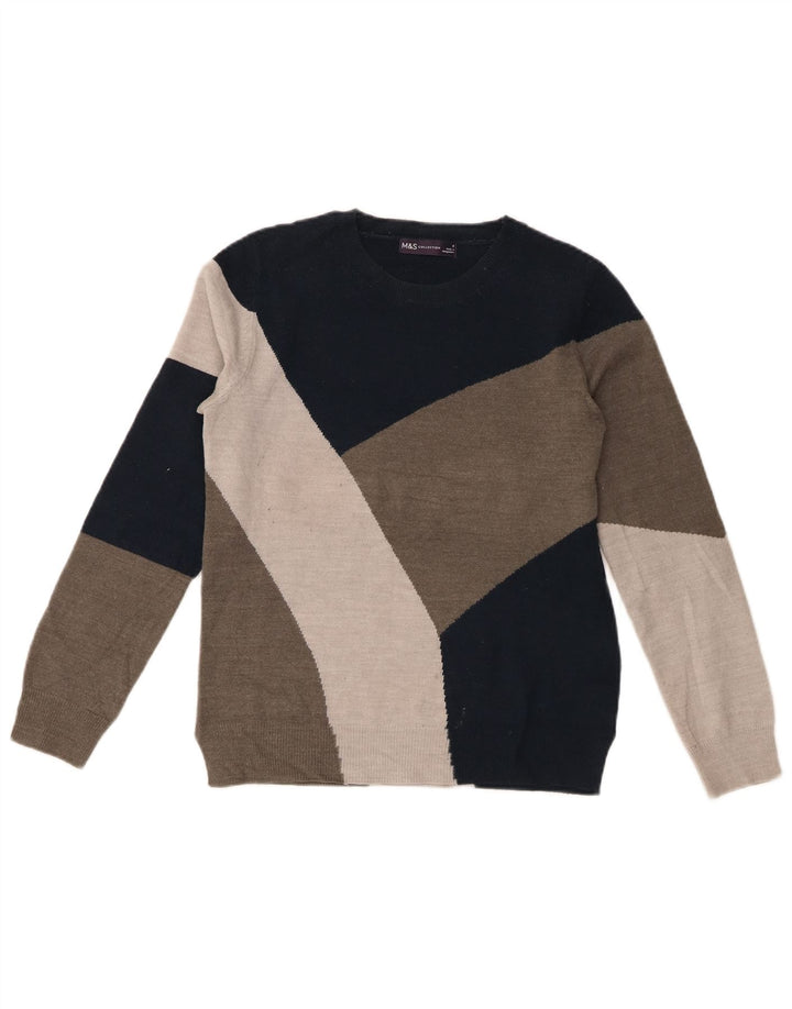 Damski sweter Marks & Spencer z okrągłym dekoltem, UK 8, mały, szary, z blokami kolorów
