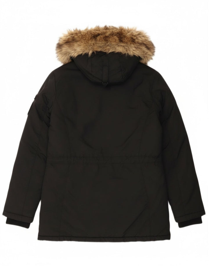 Damska kurtka parka z kapturem Superdry UK 12, średni czarny nylon