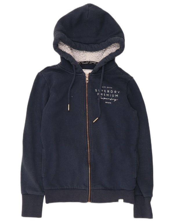 Damski sweter z kapturem Superdry z grafiką i zamkiem błyskawicznym UK 8, mały, granatowy, bawełniany