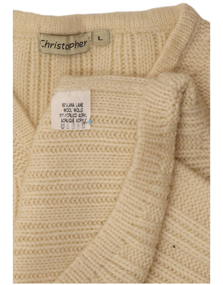 Męski sweter w stylu VINTAGE z dekoltem w szpic, duży, z białej wełny