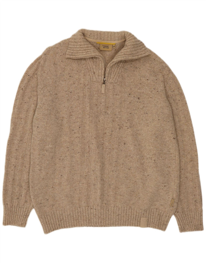 Camel Active Męski sweter z zamkiem błyskawicznym 2XL Beżowa wełna z plamkami