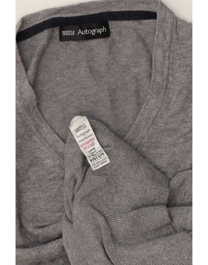 Marks & Spencer Męski sweter z dekoltem w kształcie litery V, duży, szary, bawełniany