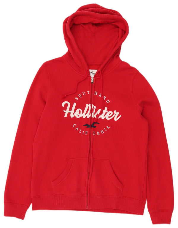HOLLISTER Womens Graphic Zip Hoodie Sweater UK 14 Medium Red Cotton
