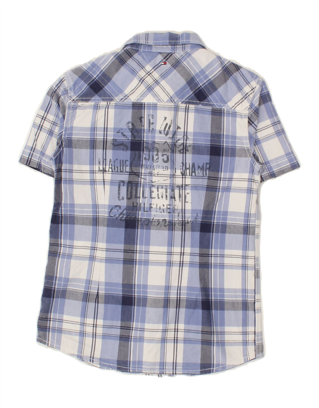 TOMMY HILFIGER Boys Graphic Short Sleeve Shirt 9-10 Years Blue Check Vintage Tommy Hilfiger and Second-Hand Tommy Hilfiger from Messina Hembry 
