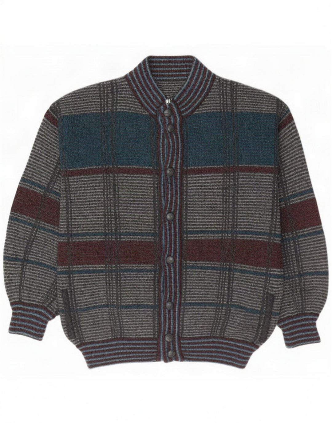Męski sweter rozpinany w stylu vintage, duży, szary, wełniany w kratę