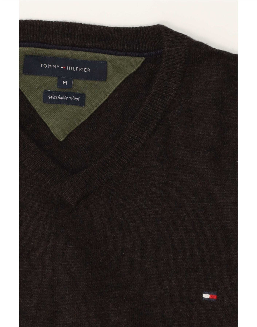 Męski sweter Tommy Hilfiger z dekoltem w kształcie litery V, średniej wielkości brązowa wełna