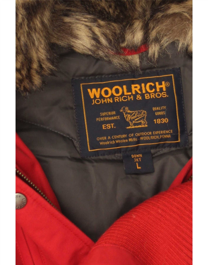 Damska ocieplana kurtka z kapturem Woolrich UK 14, duża, czerwona bawełna