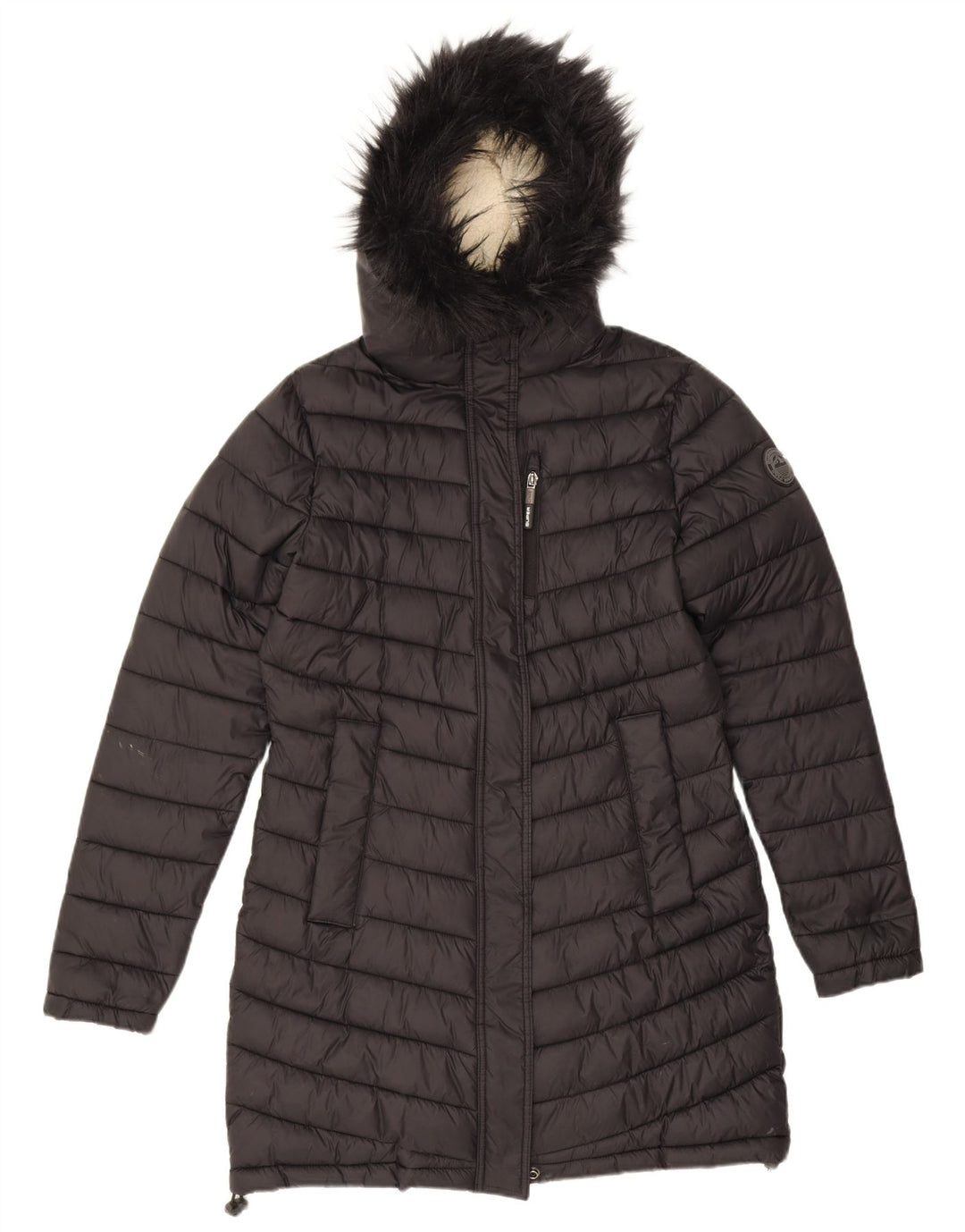 Damski ocieplany płaszcz z kapturem Superdry UK 14, średni czarny nylon
