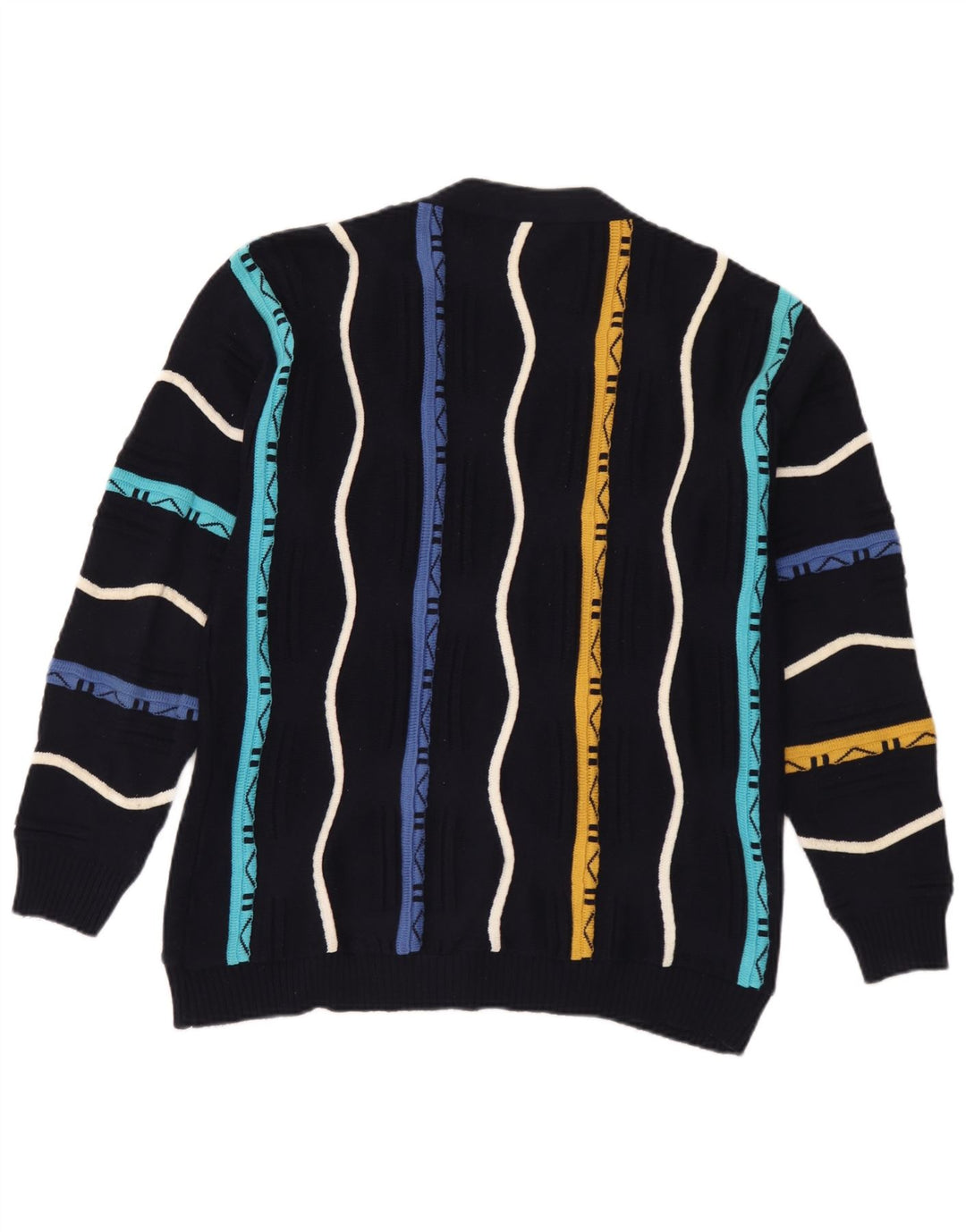 Vintage męski sweter rozpinany, średni granatowy, bawełniany w paski
