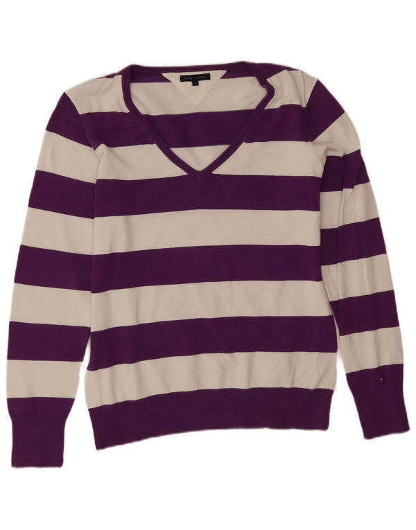 Damski sweter Tommy Hilfiger z dekoltem w kształcie litery V, UK 16, duże fioletowe paski