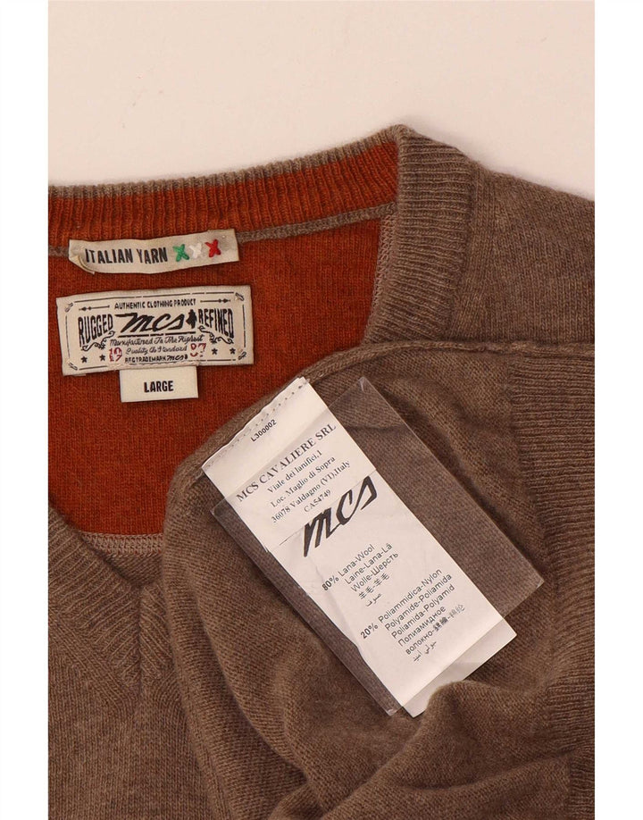 Marlboro Classics Męski sweter z dekoltem w kształcie litery V, duży, brązowy, wełniany