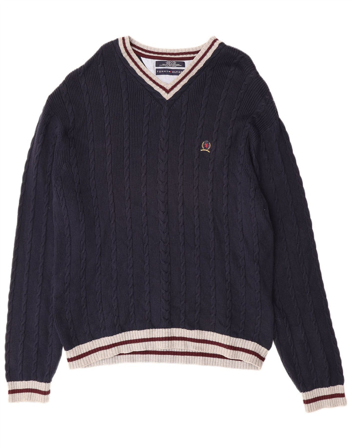 TOMMY HILFIGER Męski sweter z dekoltem w kształcie litery V XL, granatowy, bawełniany w bloki kolorów