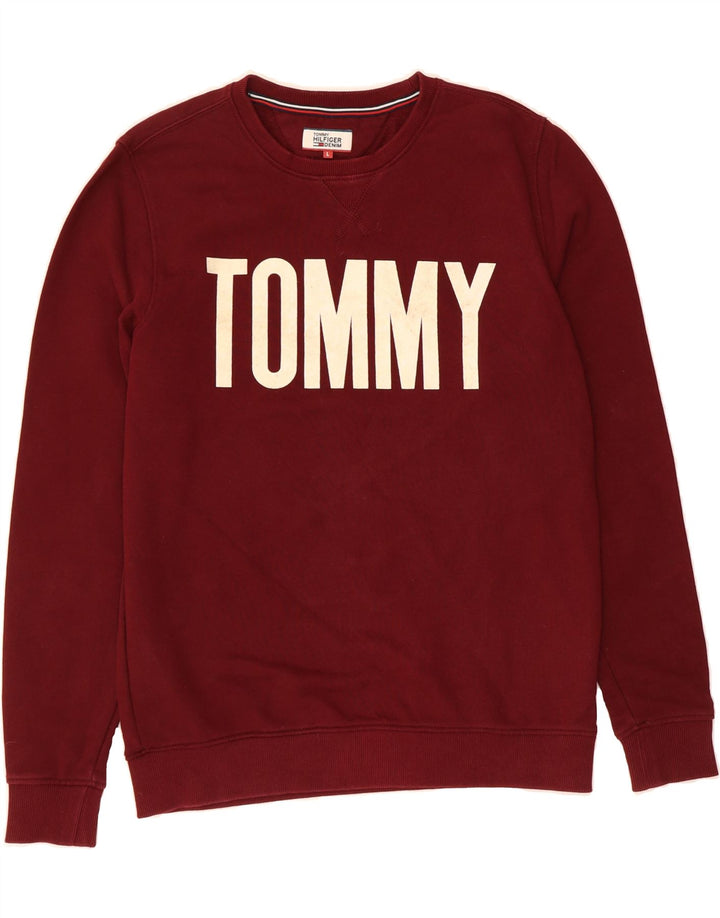 TOMMY HILFIGER Mens Graphic Sweatshirt Jumper Large Maroon Cotton Vintage Tommy Hilfiger and Second-Hand Tommy Hilfiger from Messina Hembry 