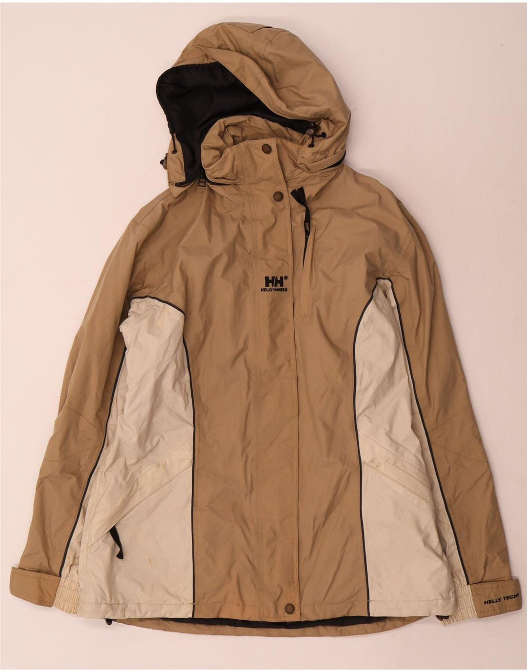 Damska kurtka przeciwdeszczowa z kapturem Helly Hansen UK 14, nylon w kolorze średniego beżu