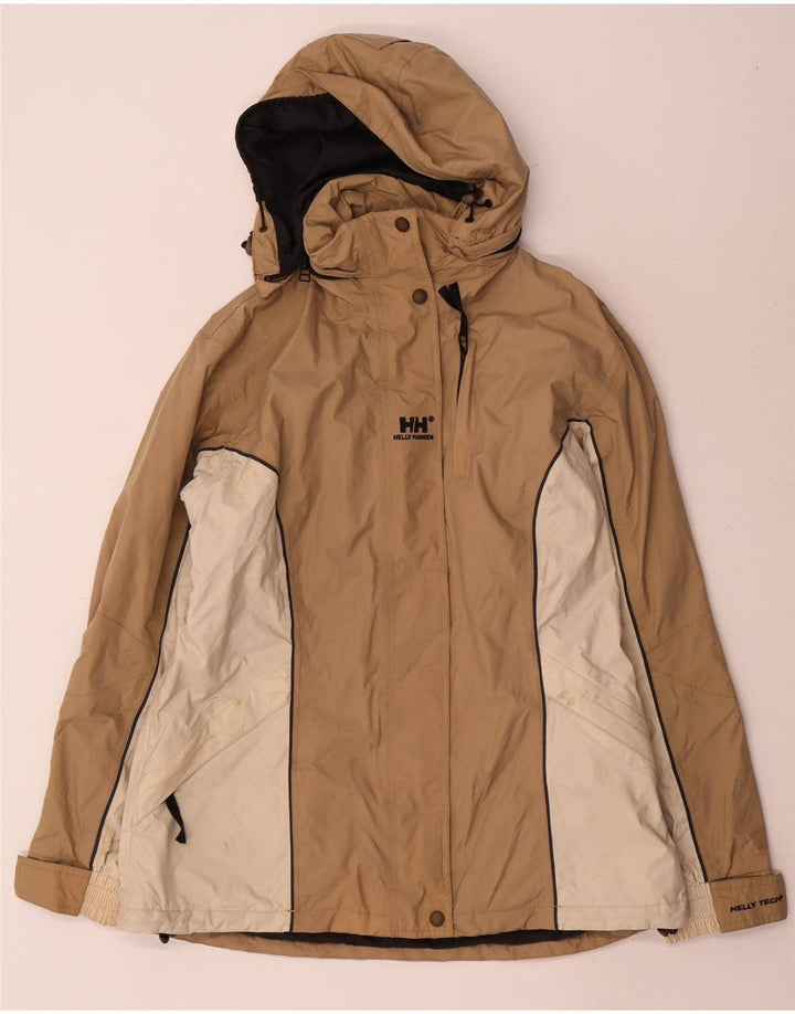 Damska kurtka przeciwdeszczowa z kapturem Helly Hansen UK 14, nylon w kolorze średniego beżu