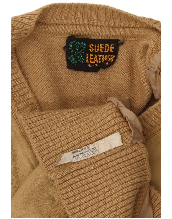 Sweter męski w stylu vintage z dekoltem w szpic, mały, beżowy, wełniany