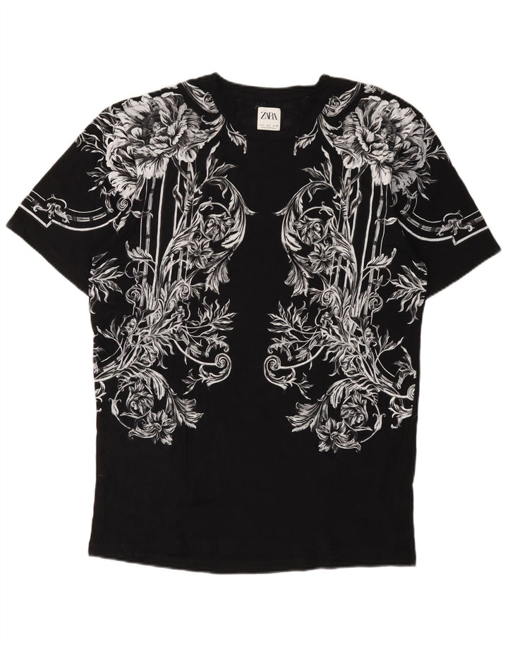 Męski T-shirt z grafiką Zara, duży, czarny w kwiaty