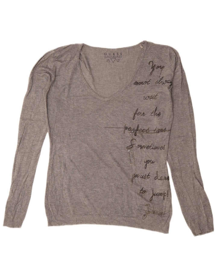 Damski sweter Guess z graficznym, oversize'owym dekoltem w szpic, UK 8, mały, szary