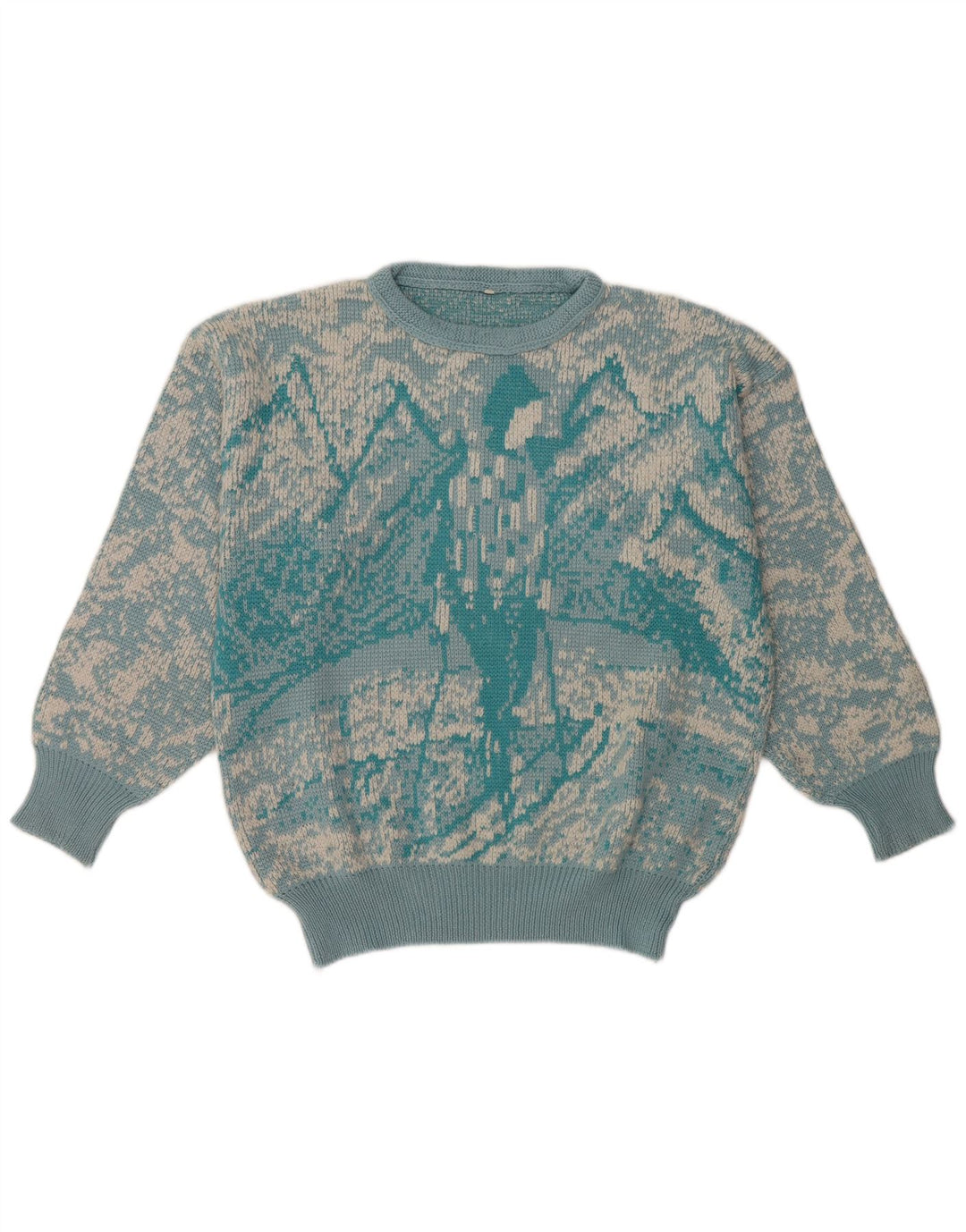 Vintage damski sweter z abstrakcyjnym wzorem i okrągłym dekoltem UK 16, duży niebieski