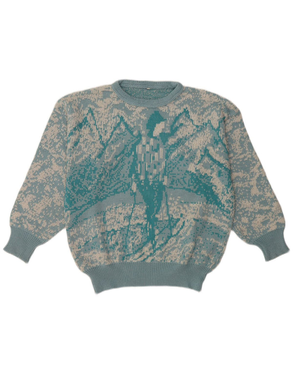 Vintage damski sweter z abstrakcyjnym wzorem i okrągłym dekoltem UK 16, duży niebieski