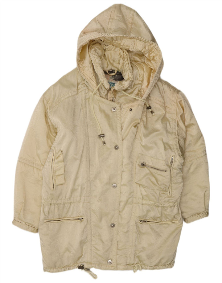 Vintage damski płaszcz wiatrówkowy z kapturem, oversize UK 14, średni żółty nylon