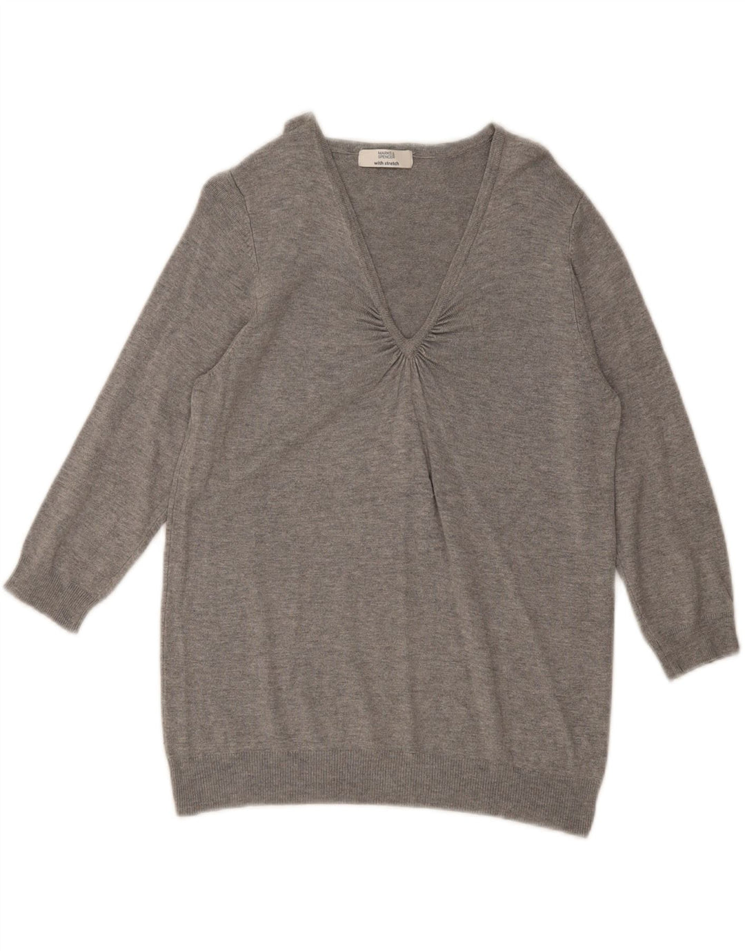 Sweter damski Marks & Spencer z rękawem 3/4 i dekoltem w kształcie litery V, UK 14, średni szary