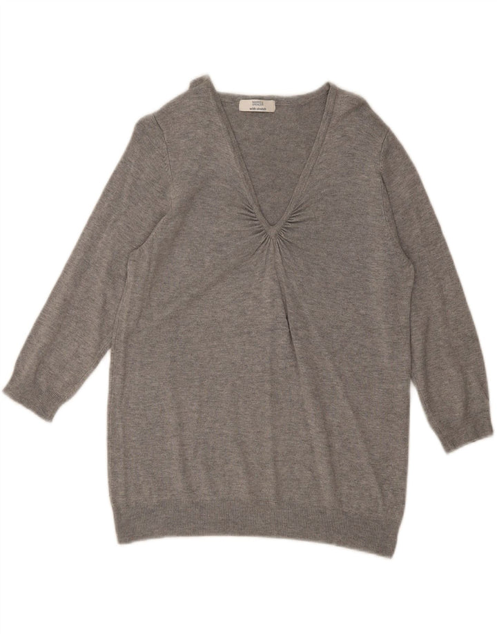 Sweter damski Marks & Spencer z rękawem 3/4 i dekoltem w kształcie litery V, UK 14, średni szary