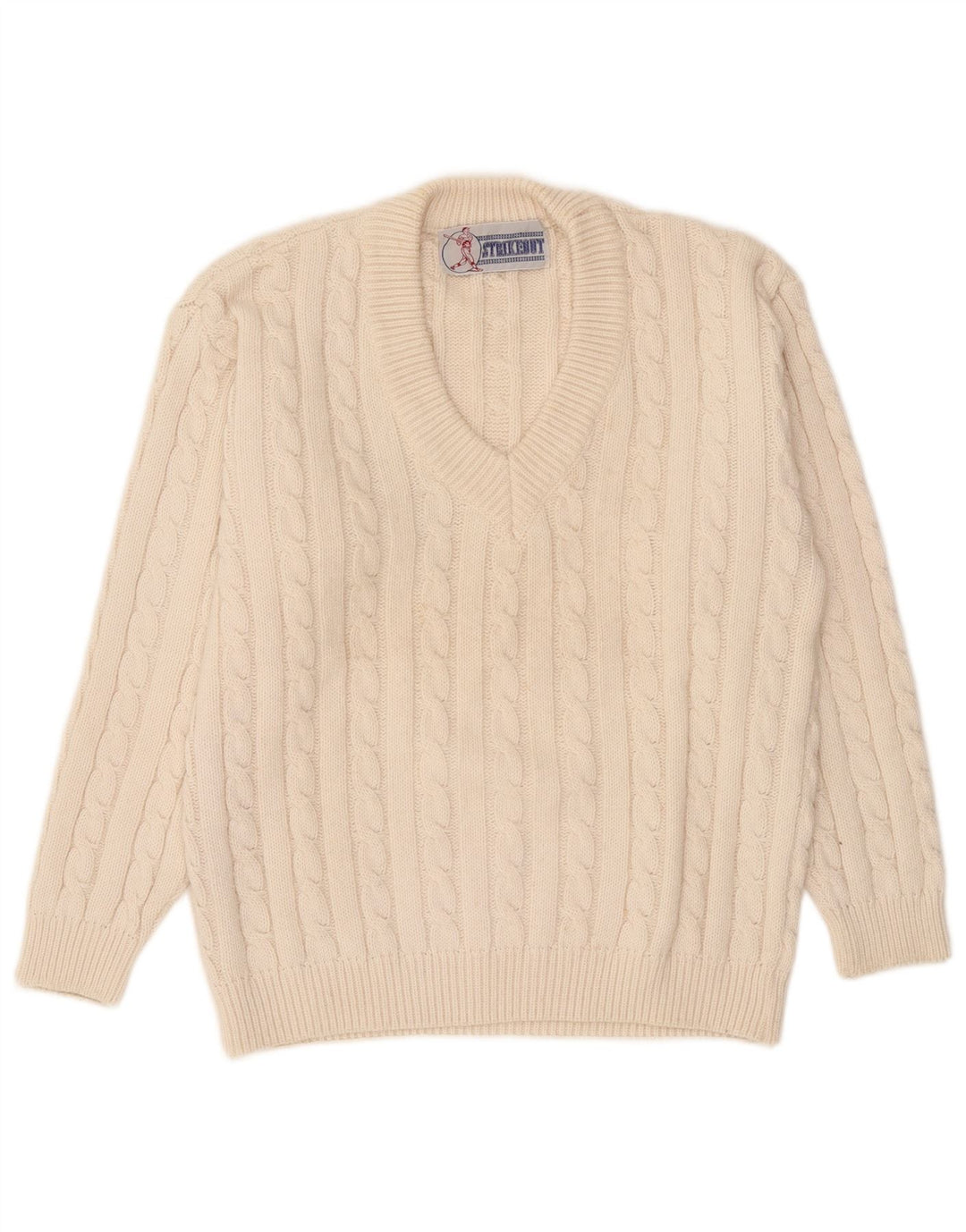 Vintage męski sweter z dekoltem w kształcie litery V, średni, złamany biały akryl
