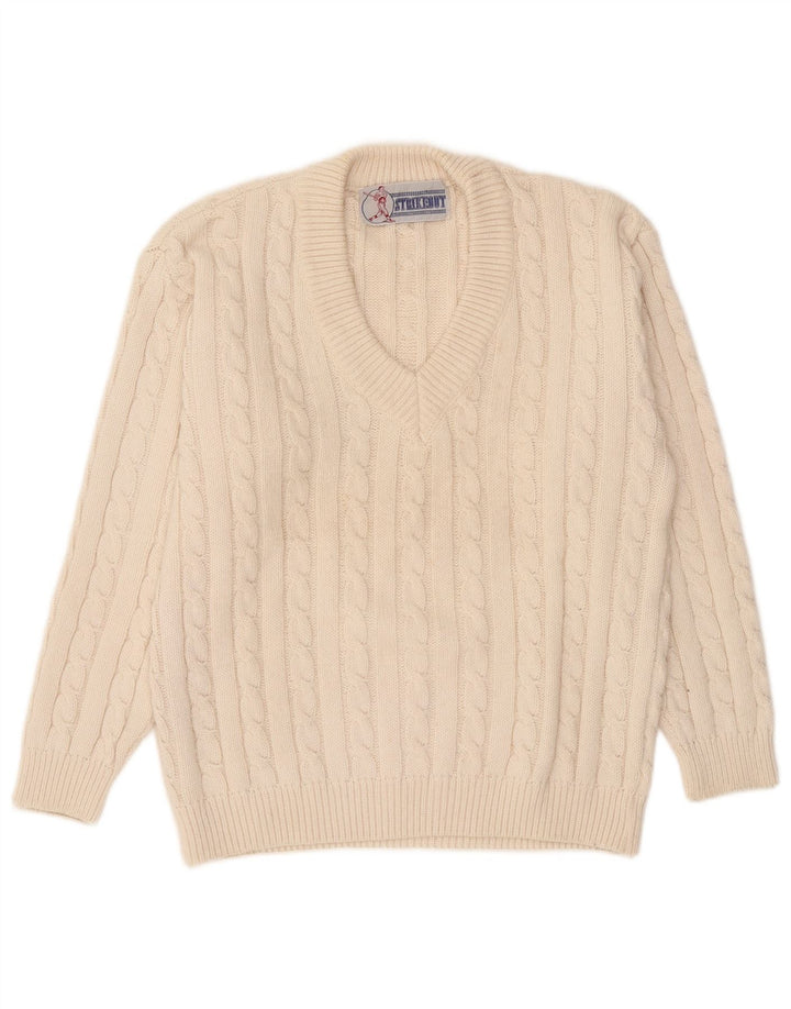 Vintage męski sweter z dekoltem w kształcie litery V, średni, złamany biały akryl