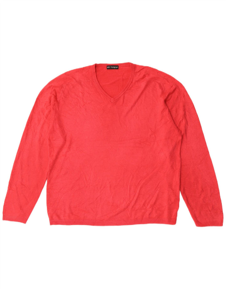 Marks & Spencer Męski sweter z dekoltem w kształcie litery V, z autografem, XL, czerwony, akryl
