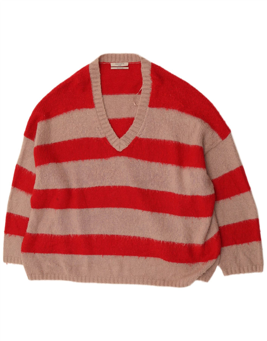 Męski sweter oversize All Saints z dekoltem w szpic, duży, akrylowy w czerwone paski