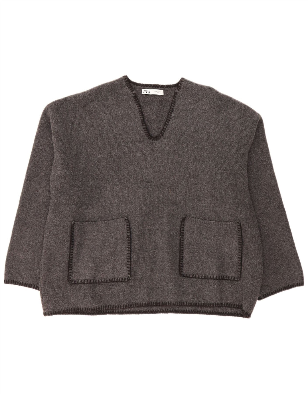 Damski sweter oversize z dekoltem w kształcie litery V, Zara, UK 14, średni szary poliester