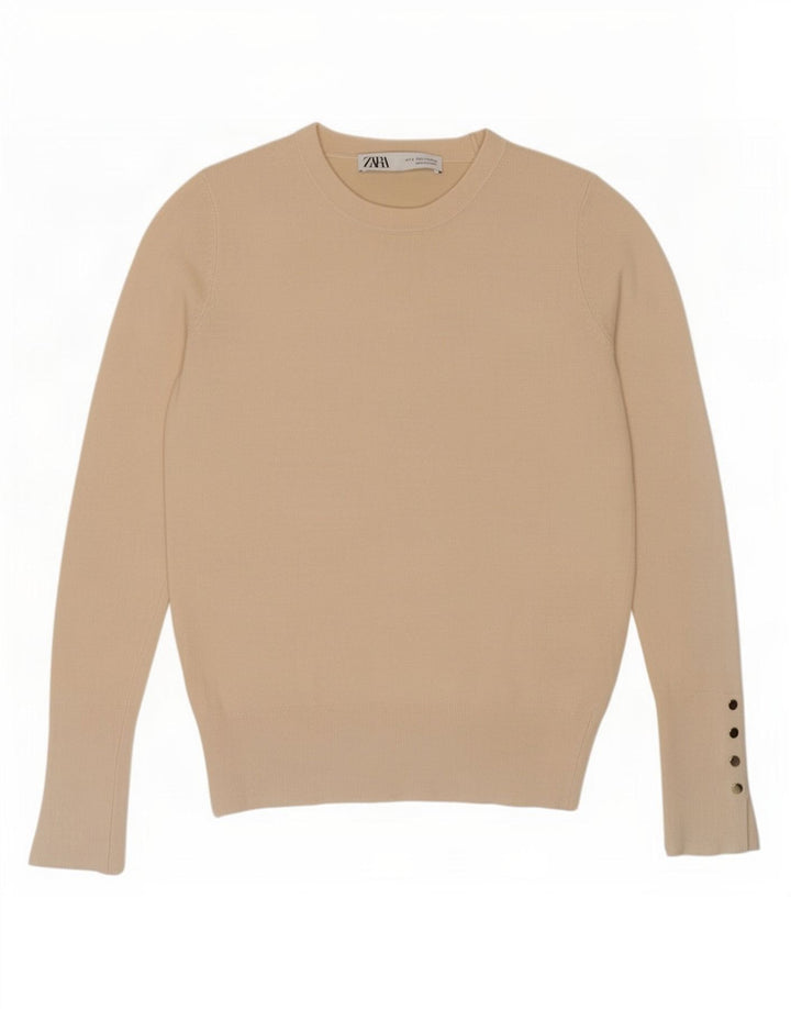 Damski sweter z okrągłym dekoltem Zara, mały, beżowy, wiskozowy