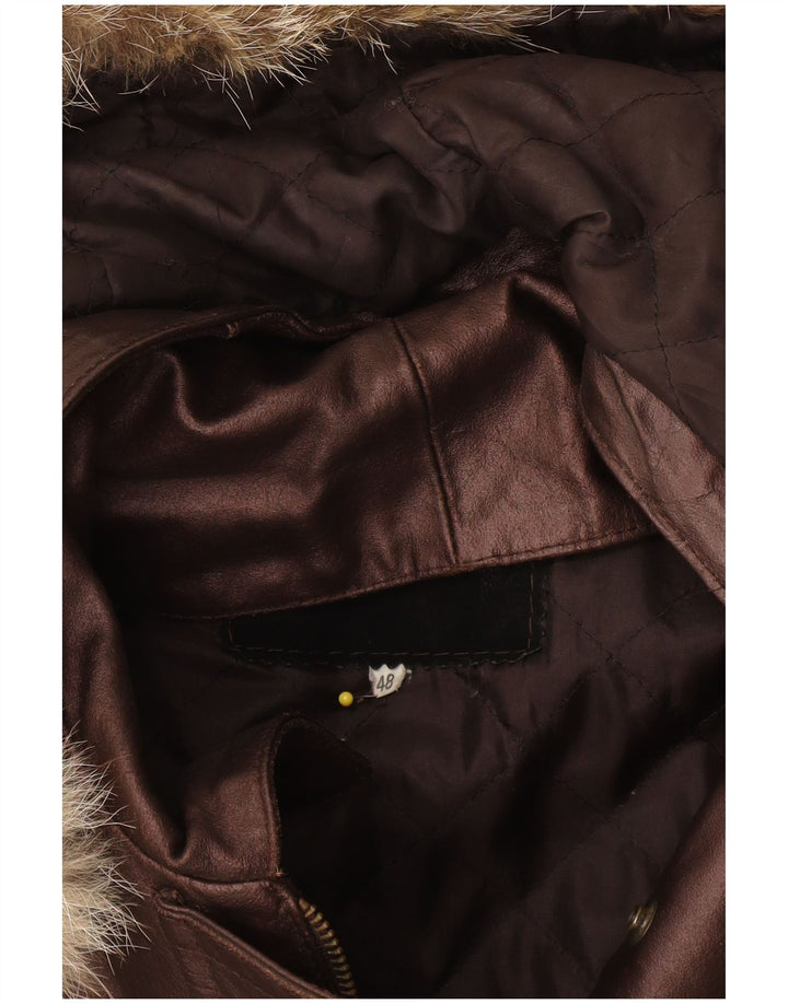 Vintage damska kurtka skórzana z kapturem, oversize IT 48 XL, brązowa