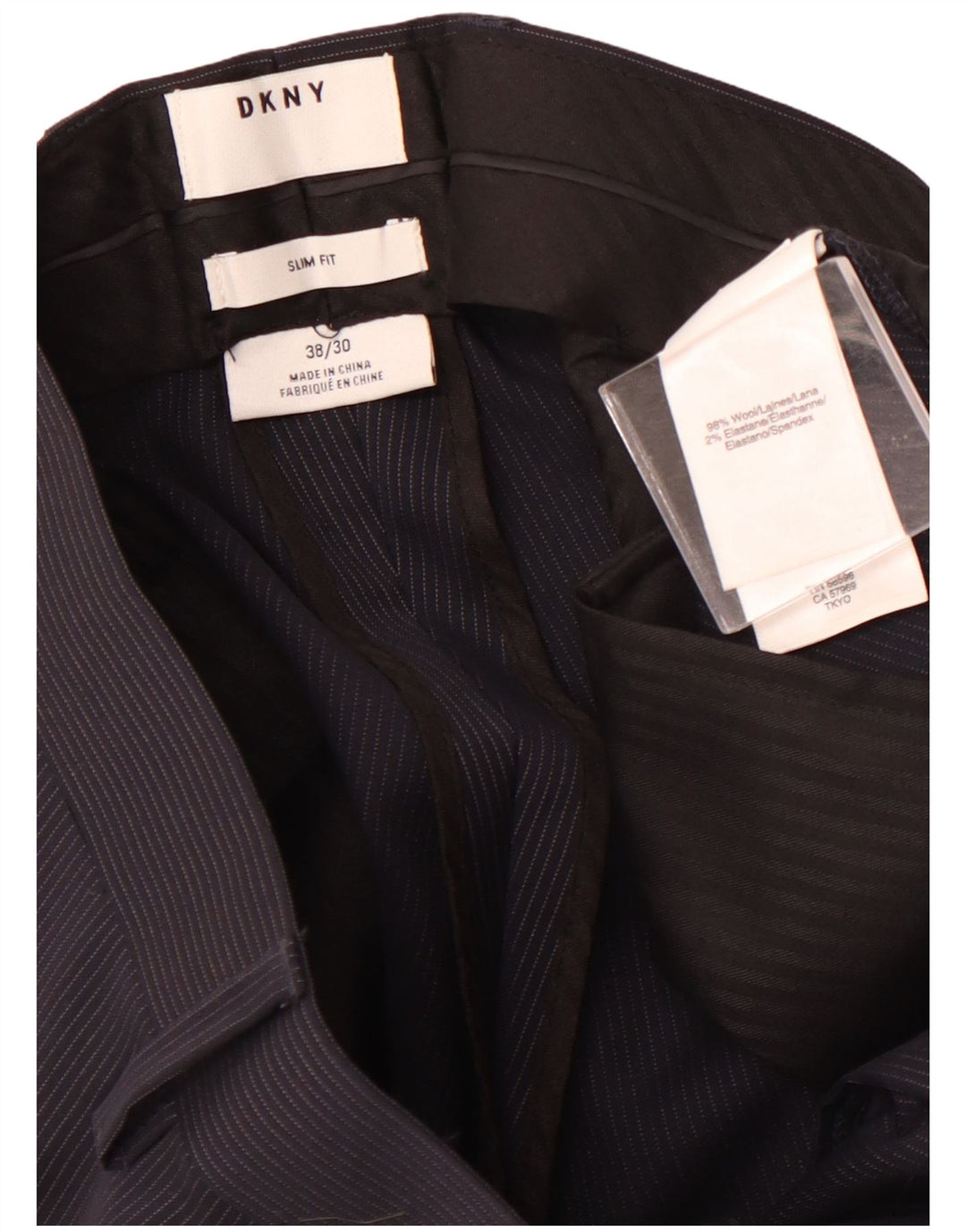 DKNY Mens Slim Fit Suit Trousers W38 L30 Navy Blue Pinstripe Wool Vintage Dkny and Second-Hand Dkny from Messina Hembry 