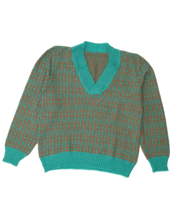 Sweter damski w stylu vintage z dekoltem w kształcie litery V, UK 16, w duże niebieskie paski