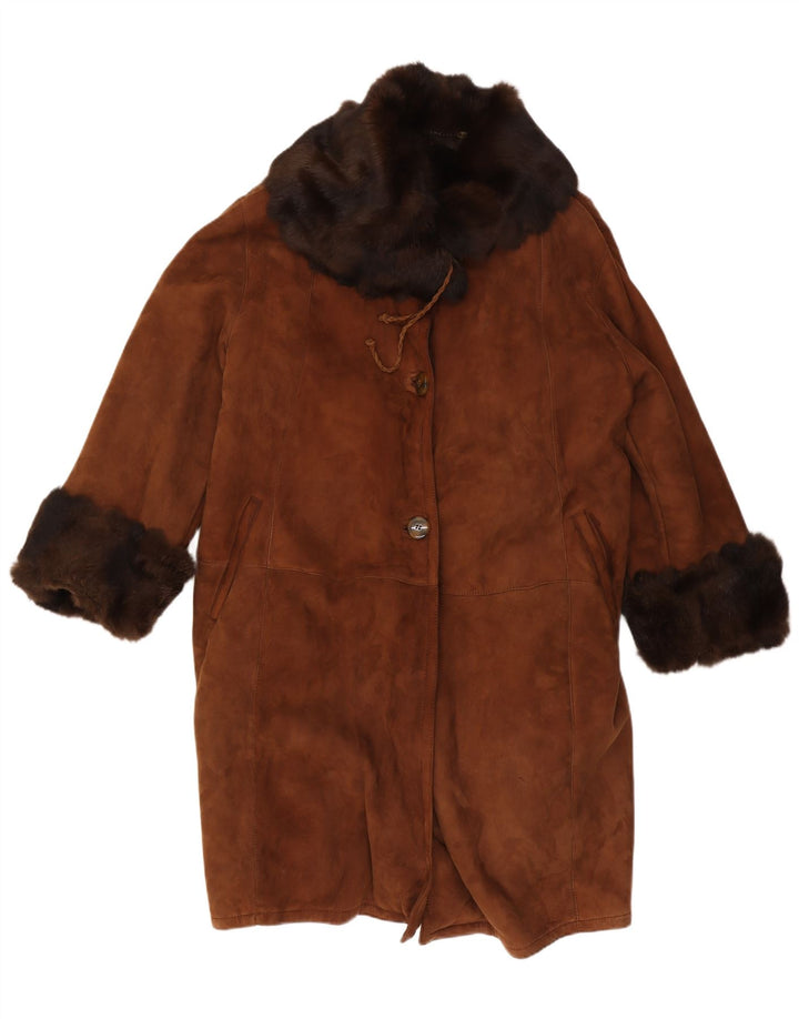 Vintage damski płaszcz oversize z owczej skóry IT 50 XL, brązowy