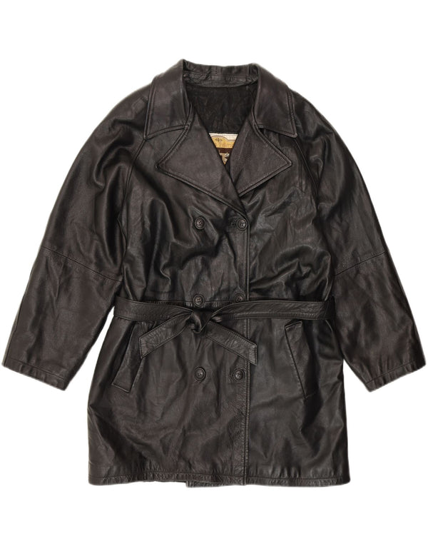 ANTICA PELLERIA Damski płaszcz dwurzędowy UK 16, duży, czarny, skórzany