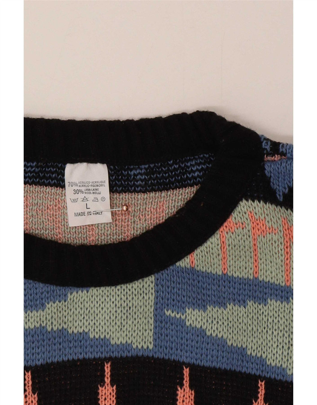 Vintage męski sweter z wycięciem pod szyją, duży, wielobarwny, geometryczny akryl
